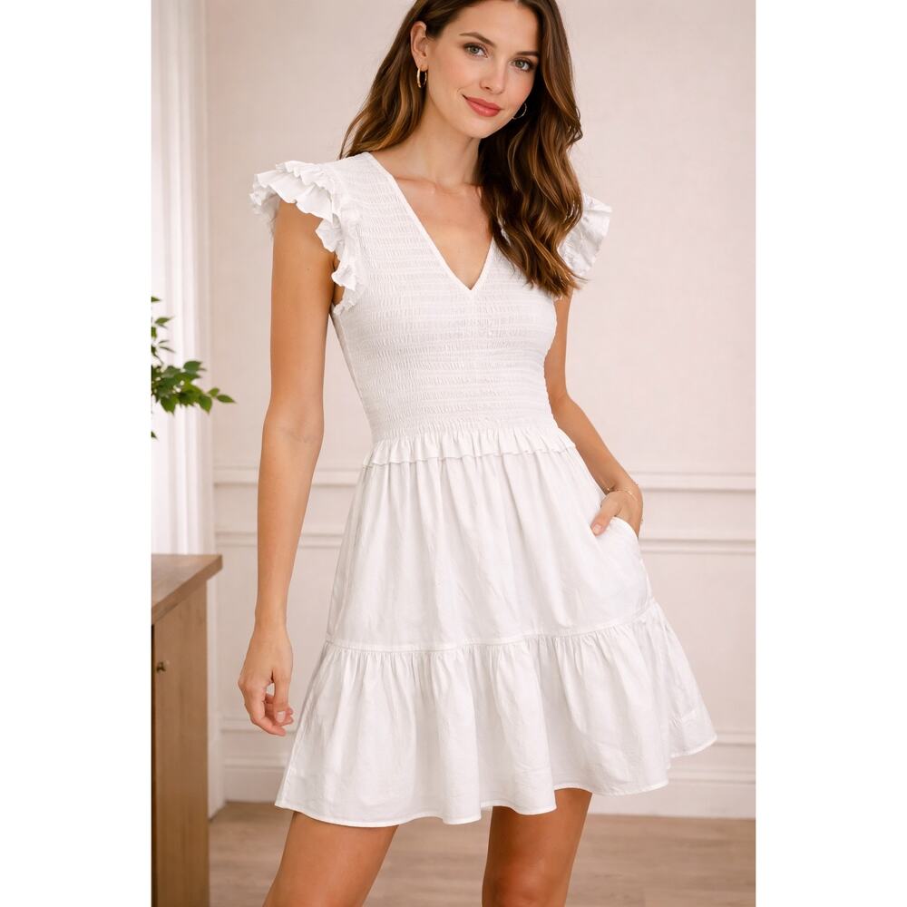 Sea New York White Smocked Mini Dress Ruffle Sleeve Cotton Size 8